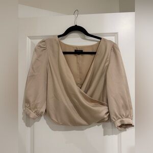 Dynamite Beige cropped satin Wrap Blouse